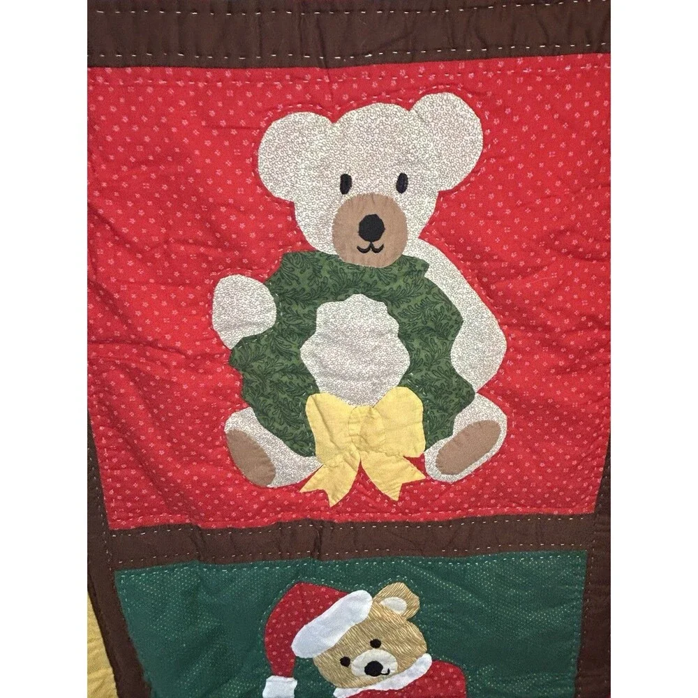 Christmas Teddy Bears Patchwork Applique Quilt Throw Blanket 50x58 Holiday Decor